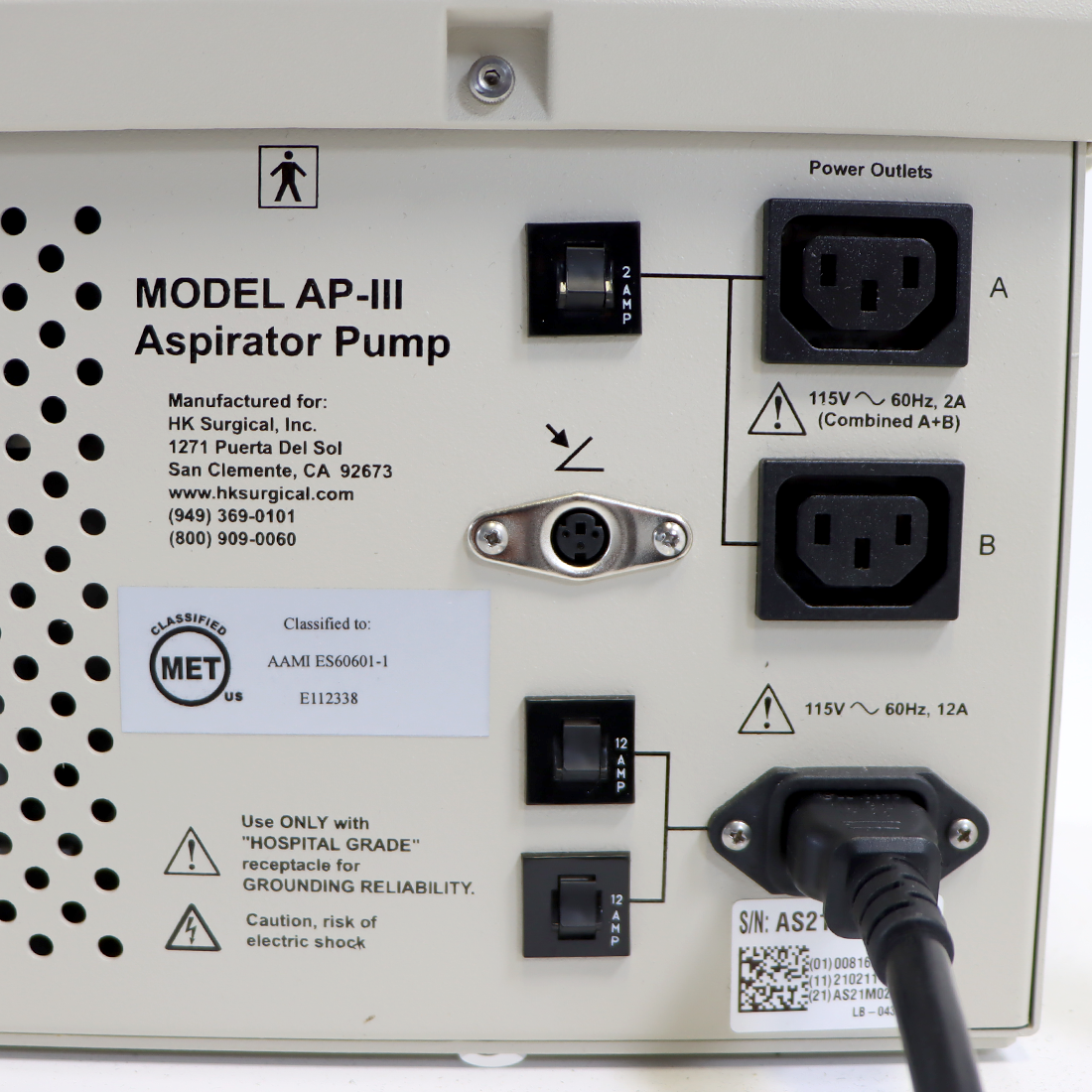 HK Surgical Aspirator Pump AP-III 115V with Valet Cart 42in Tall Vacuum 85-LPM
