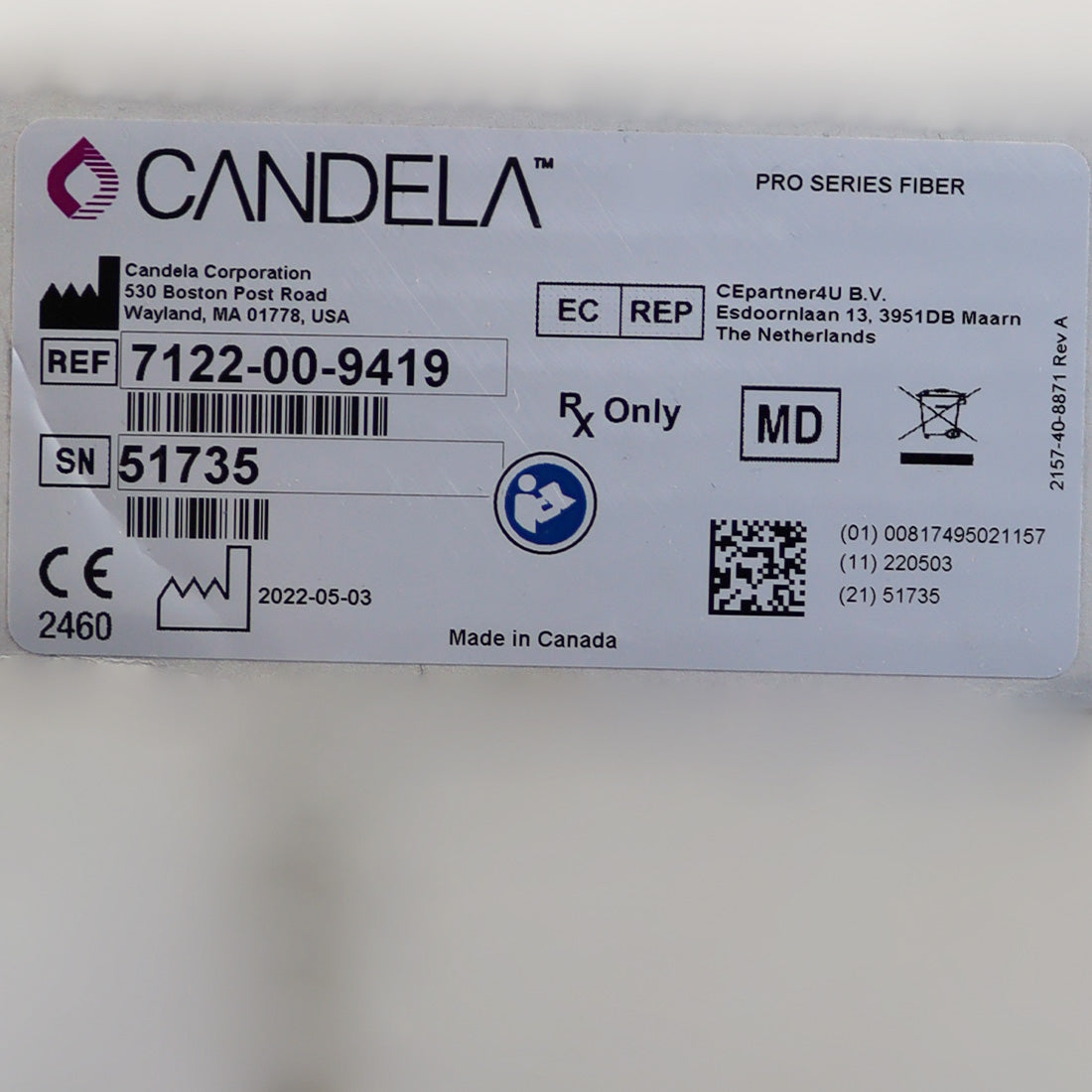Candela Gentle Pro Series Fiber 7122-00-9419 / 2157-40-8068 BAD FIBER Part As-Is