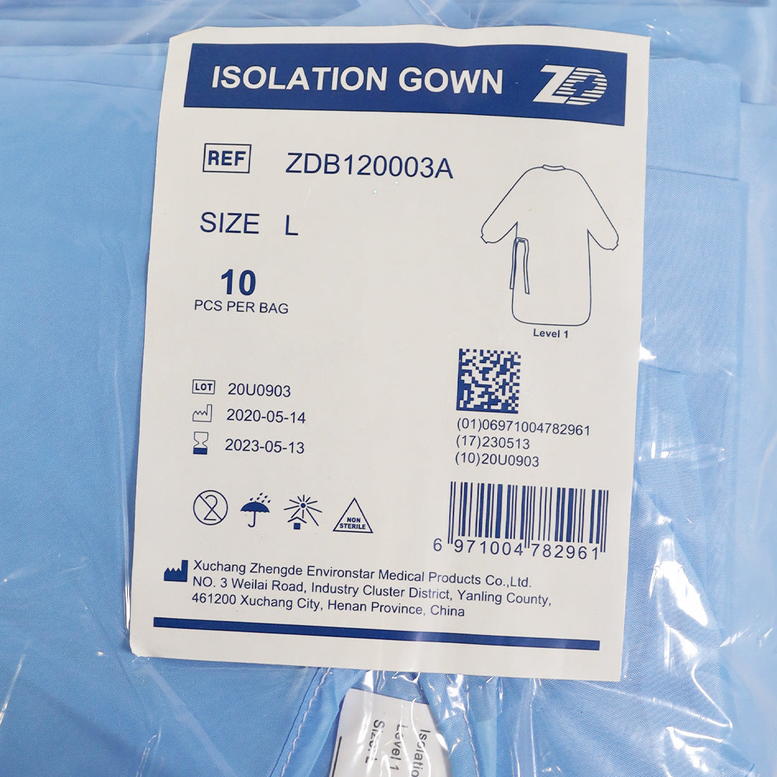 Environstar Isolation Gown AAMI Level 1 ZDB120003A Large Size Blue 10-Pack 2023