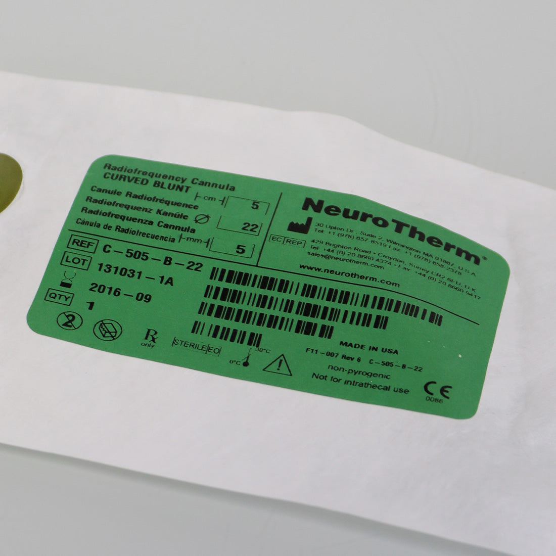 NeuroTherm RadioFrequency Disposable Cannula Curved Blunt C-505-B-22 Exp-2016