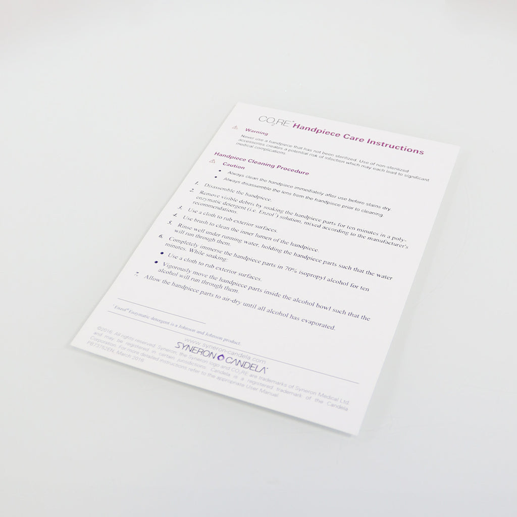 Syneron Candela CO2RE Laser Handpiece Care Autoclave Direction Instruction Sheet