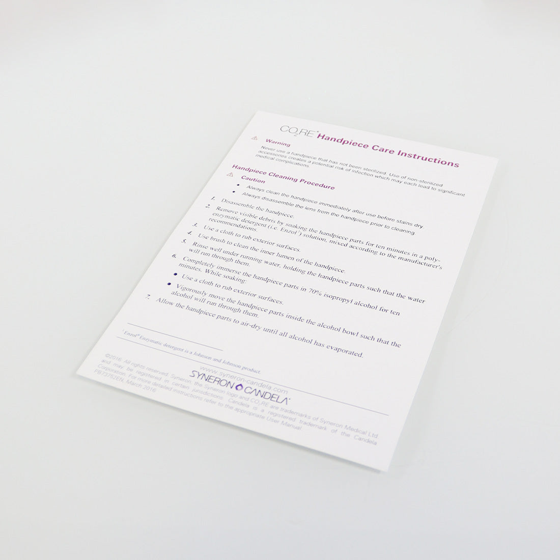Syneron Candela CO2RE Laser Handpiece Care Autoclave Direction Instruction Sheet
