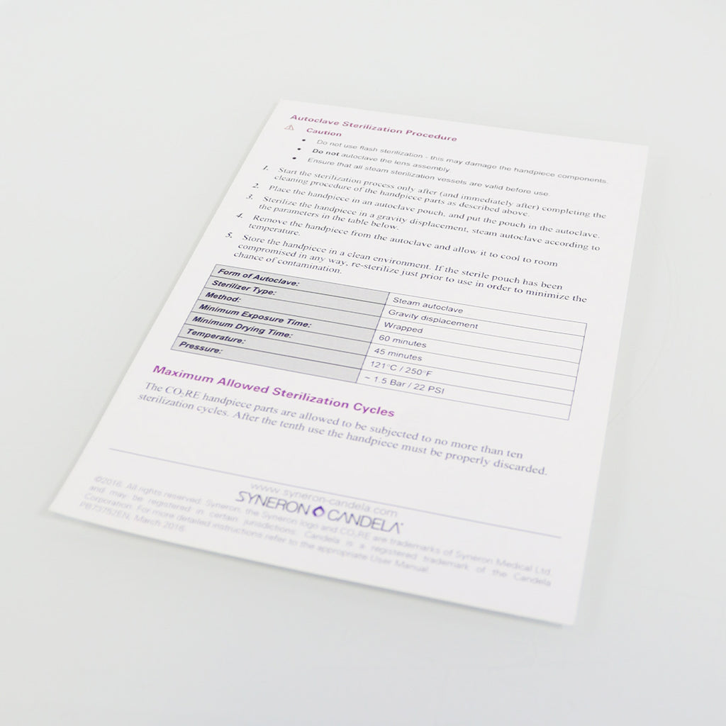 Syneron Candela CO2RE Laser Handpiece Care Autoclave Direction Instruction Sheet