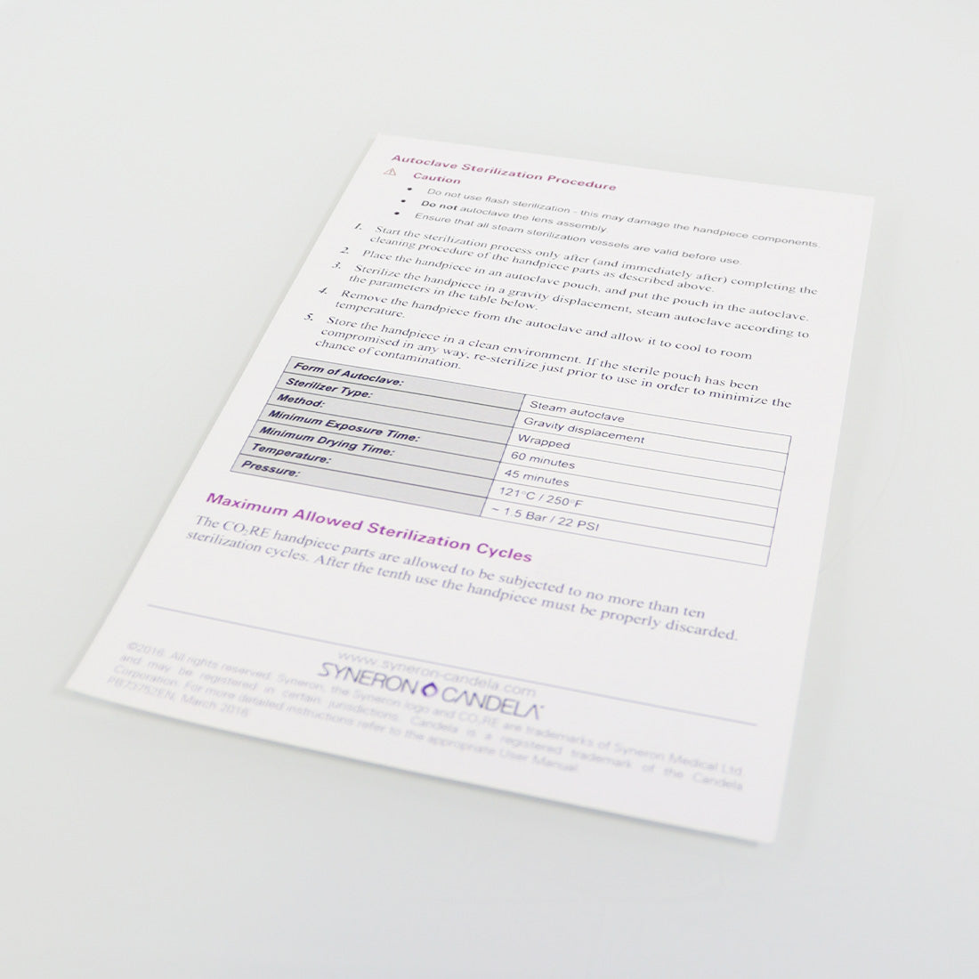 Syneron Candela CO2RE Laser Handpiece Care Autoclave Direction Instruction Sheet
