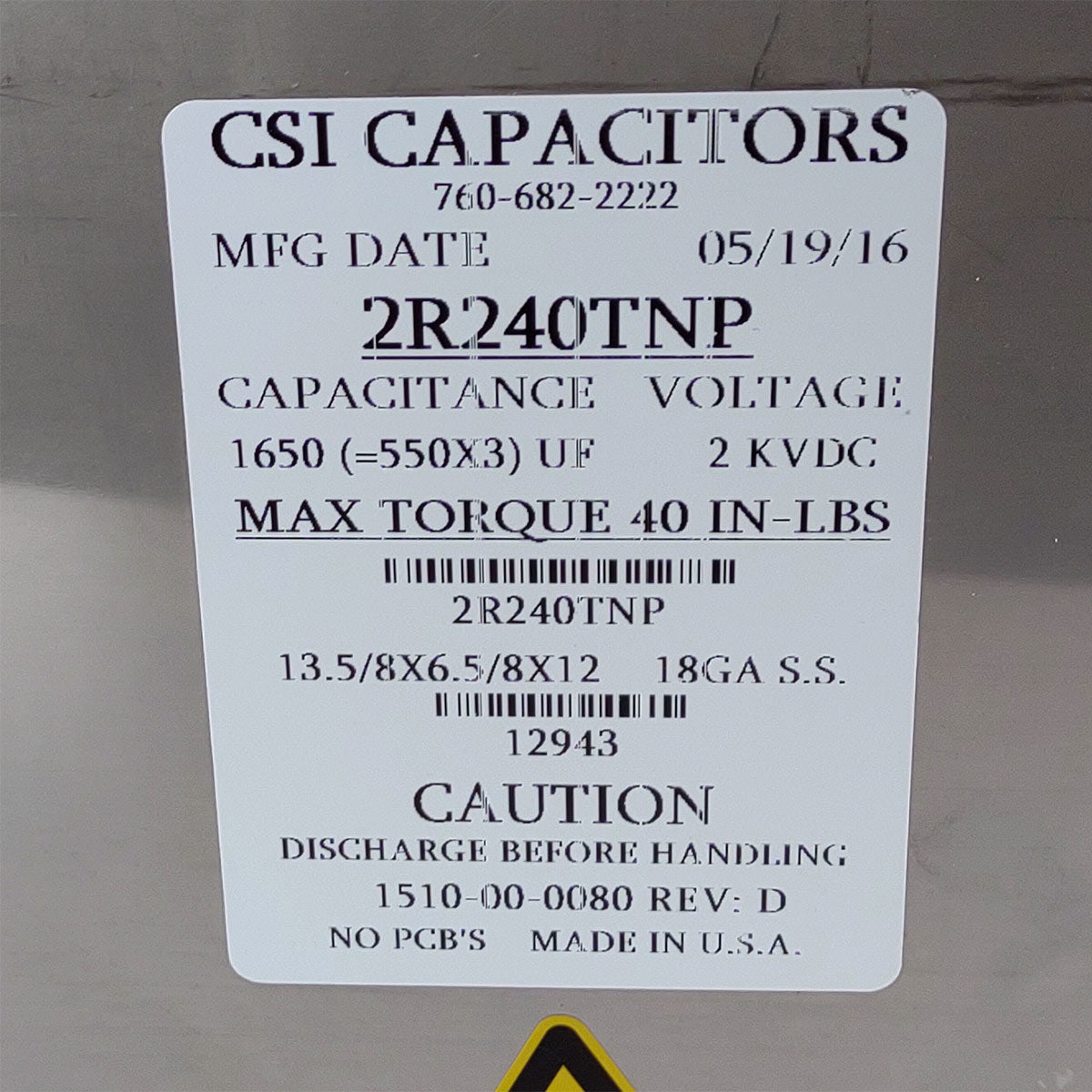 Candela GentleLASE High Voltage Capacitor Bank Factory New 1510-00-0080 2R240TNP
