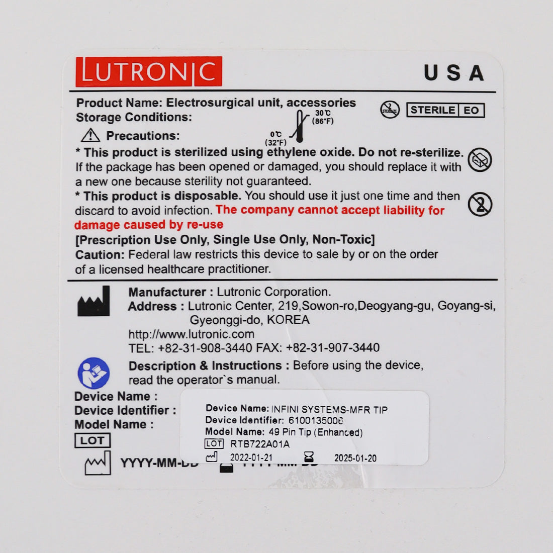 Lutronic Infini Enhanced MFR 49-Pin Tip Microneedling Single EXP 01/2025