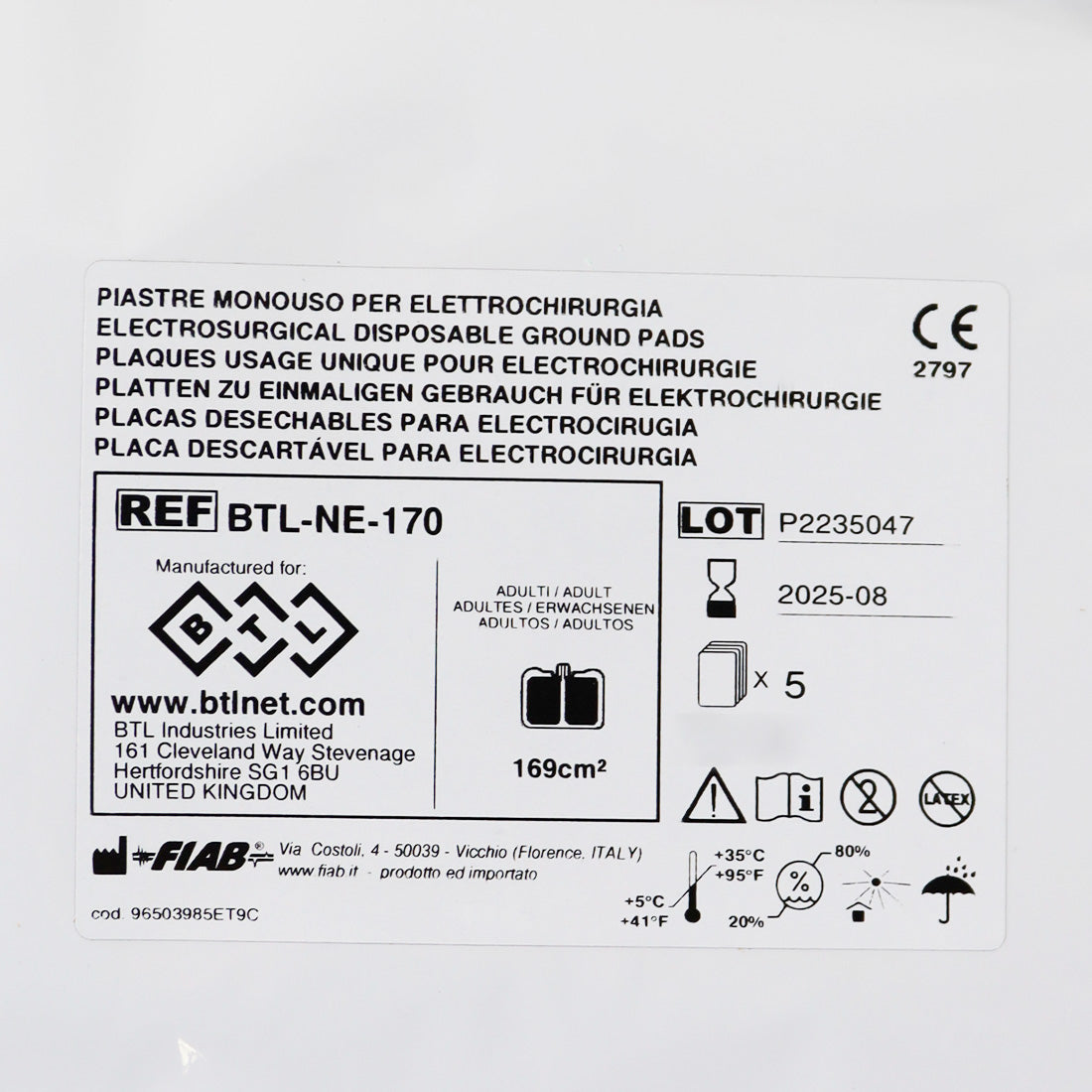 BTL Electrosurgical Disposable Ground Pads BTL-NE-170 Exp_08/2025 Single Pouch
