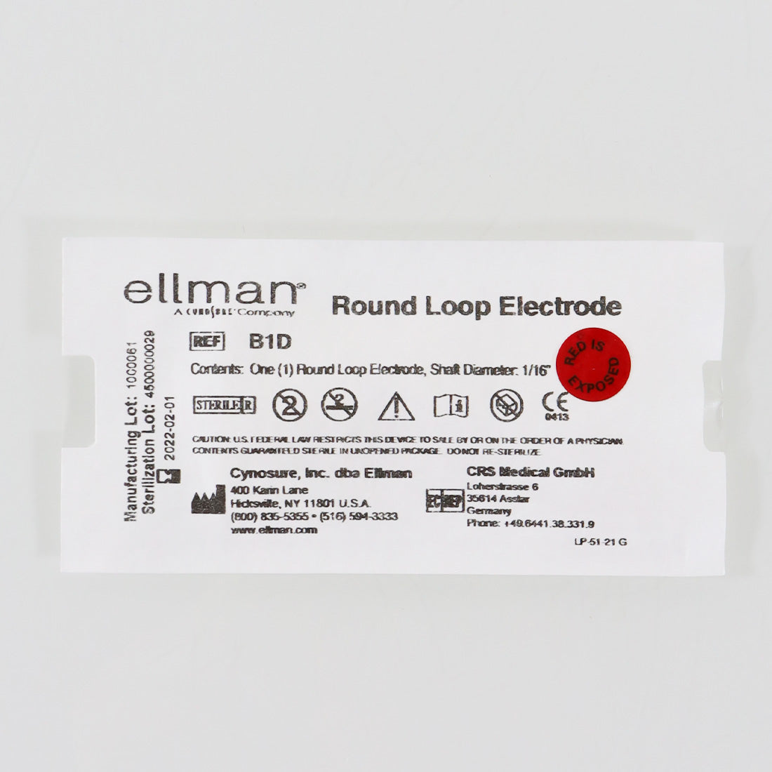 Ellman Cynosure B1D 1/4in Round Loop Electrode 1/16in Shaft 24-Pack Exp_02/2022