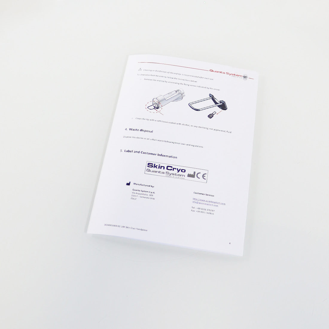 Quanta Systems Q1 Skin Cryo Handpiece User Manual DGM001069.01 Rev. 10/03/2021