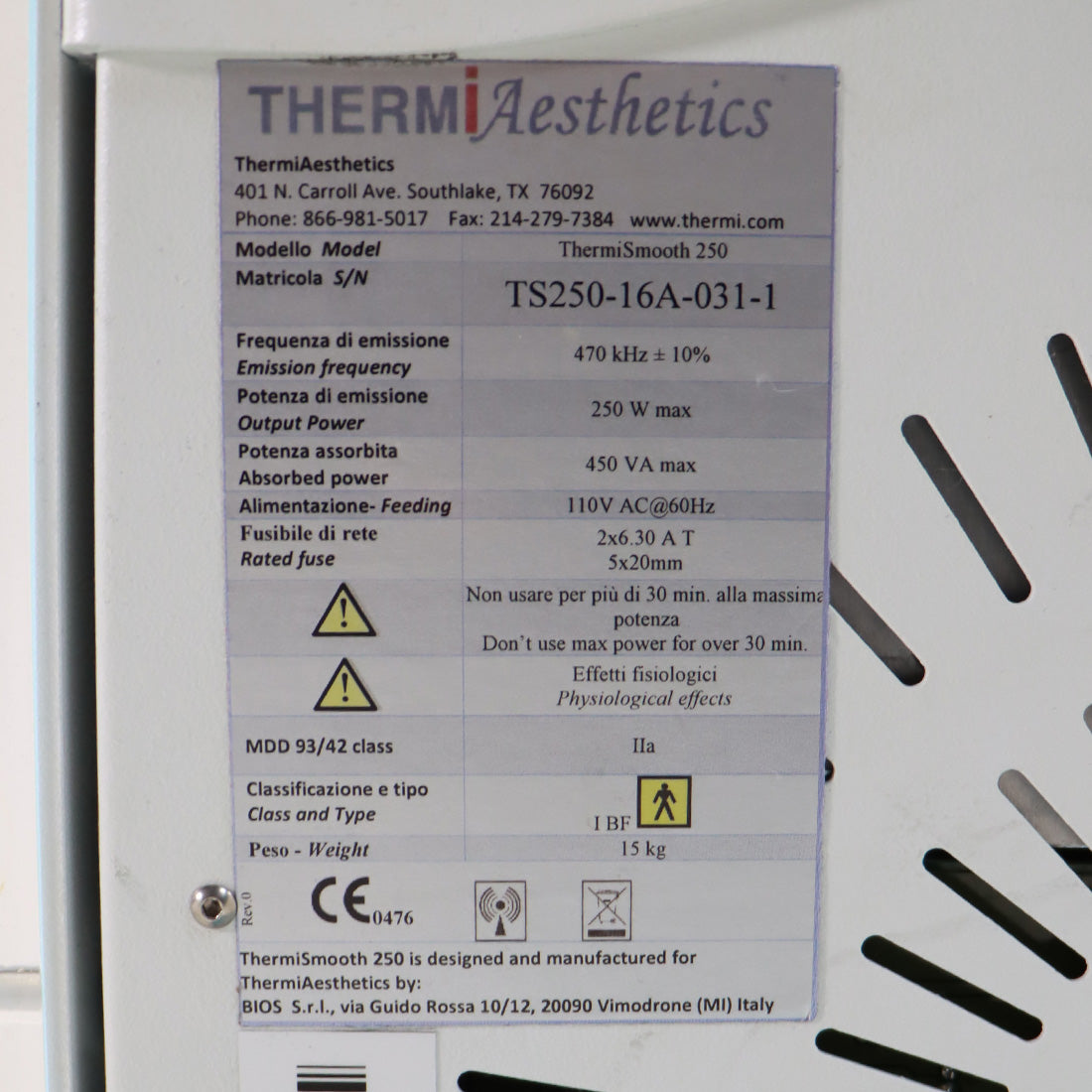 2016 ThermiAesthetics ThermiSmooth 250 RadioFrequency RF Cellulite Smoothing