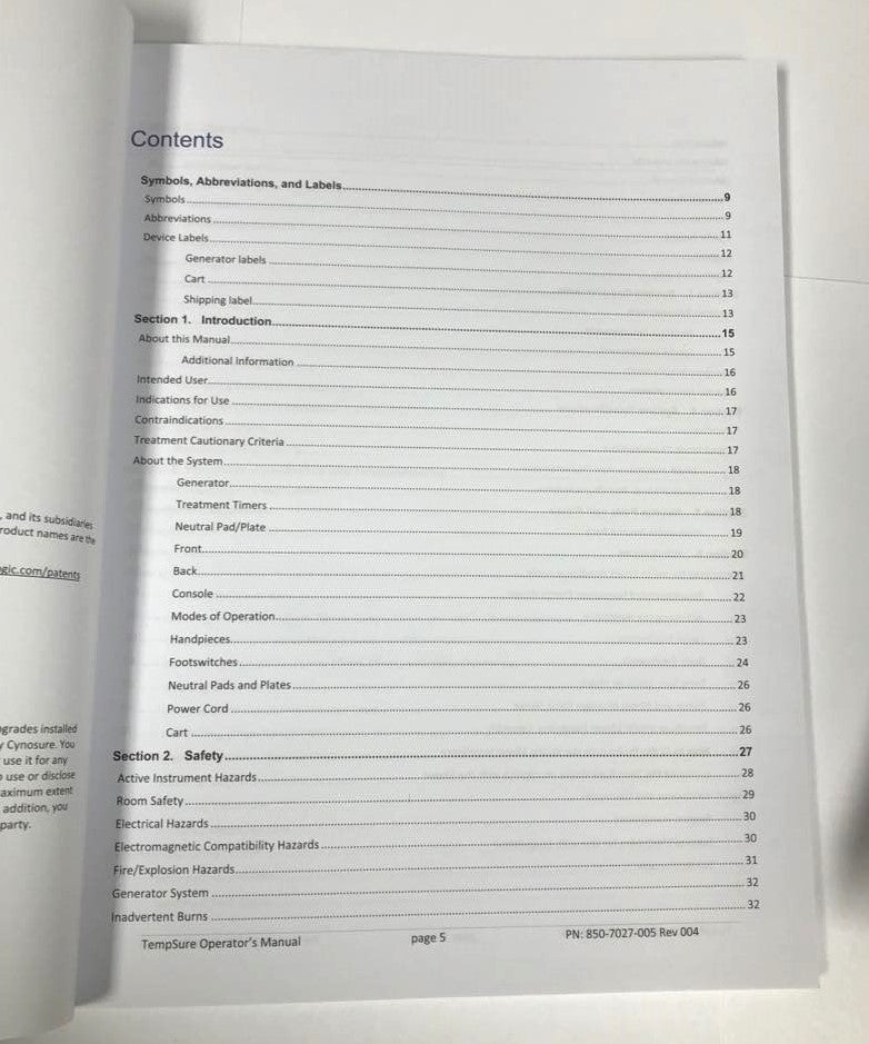 Cynosure TempSure Operator Manual User RadioFrequency Operation 850-7027-005 Rev. 004