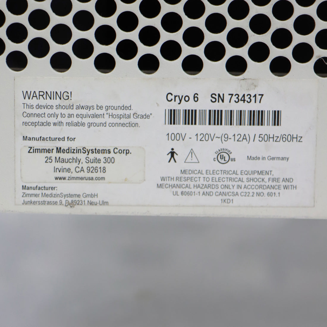 Zimmer Cryo 6 Chiller Cold Air Therapy Spot Cooling Treatment Cryo w/Mast Hose