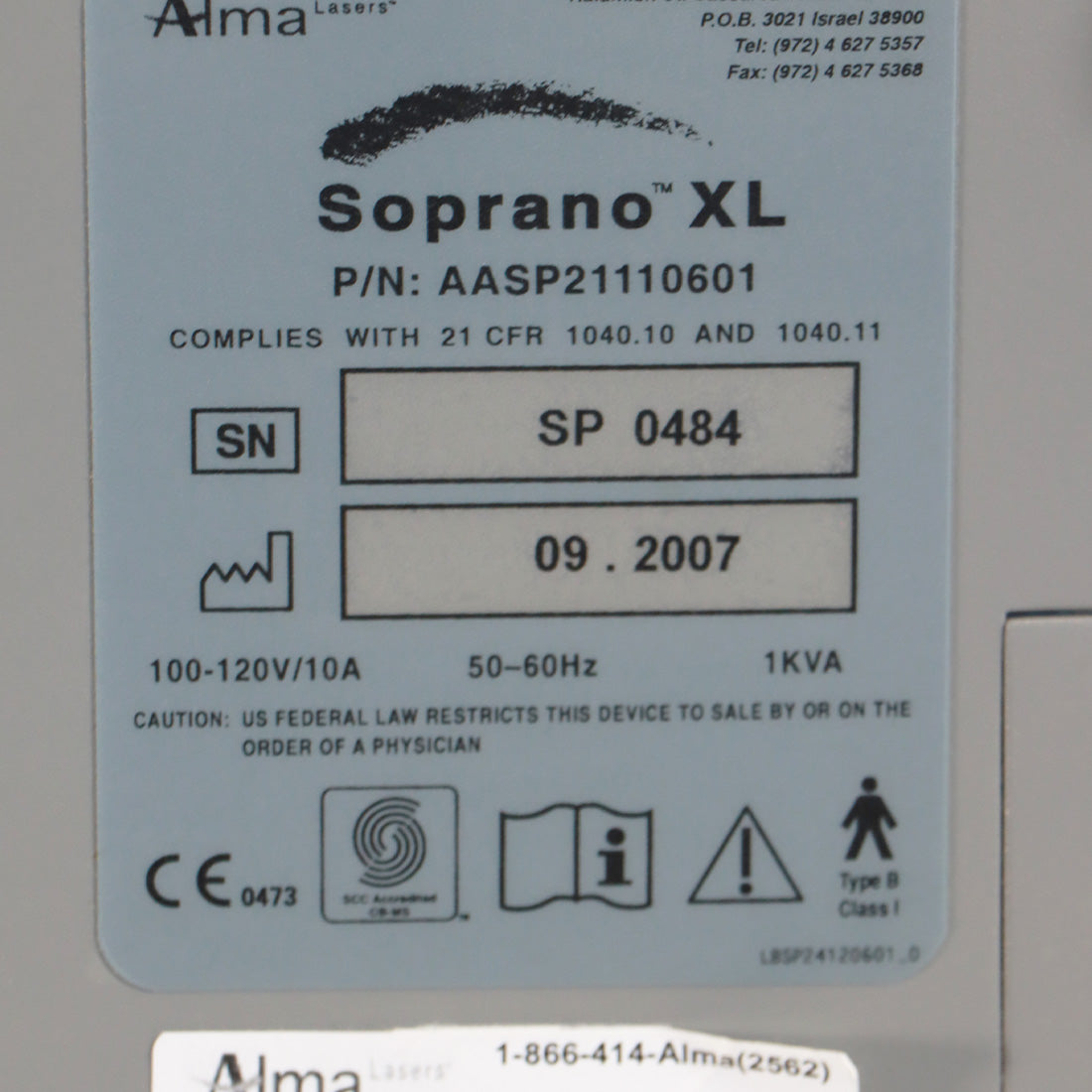 2007 Alma Lasers Soprano XL 810nm Diode Laser Hair Removal System AASP21110601