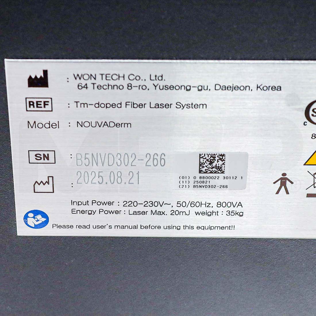 2025 WonTech NOUVADerm System Serial Label