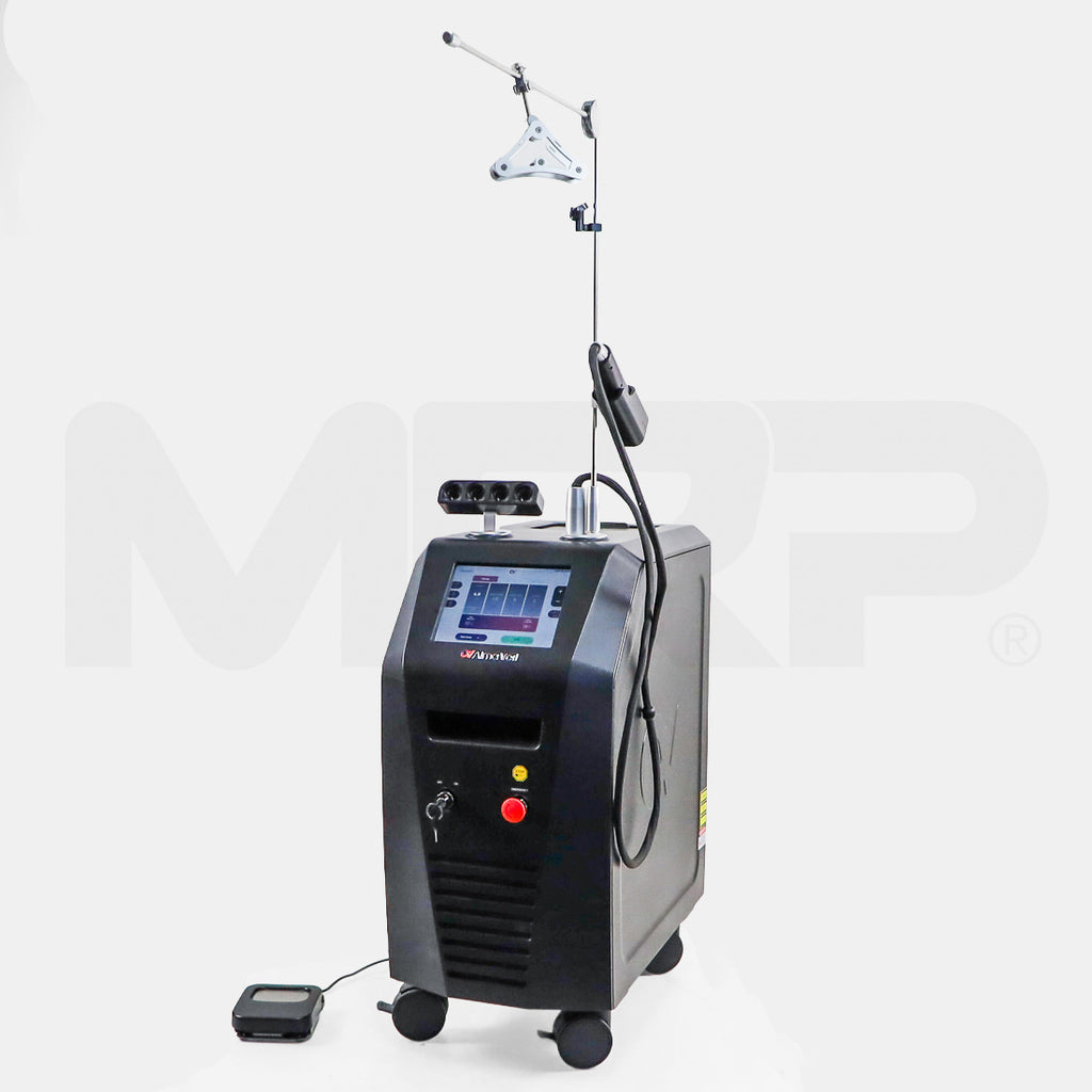 2025 Alma Veil vascular laser system front view with handpiece, cable management arm and foot pedal