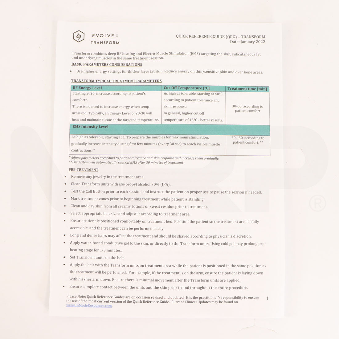 2021 InMode EvolveX EmBody System Quick Reference Guide