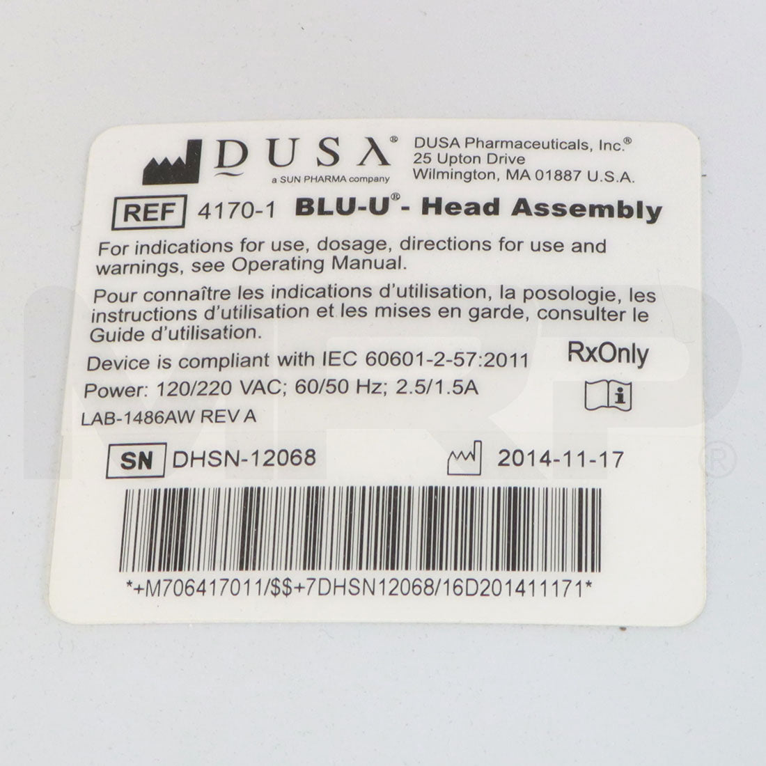 2015 DUSA BLU-U Blue Light Photodynamic Therapy System Head Assembly Label