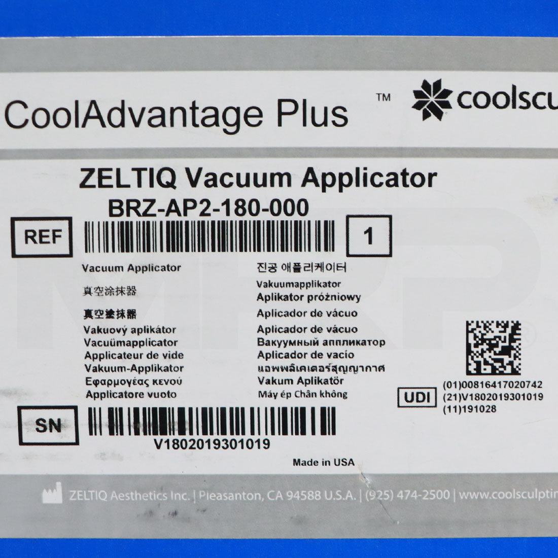 Zeltiq CoolSculpting CoolAdvantage Plus Vacuum Applicator Box Label
