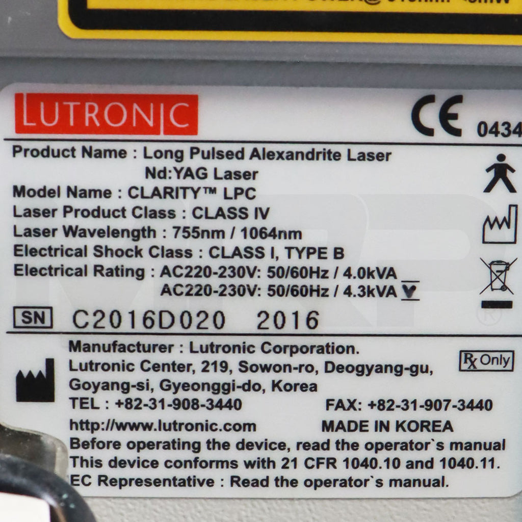 2016 Lutronic Clarity LPC System Serial Label