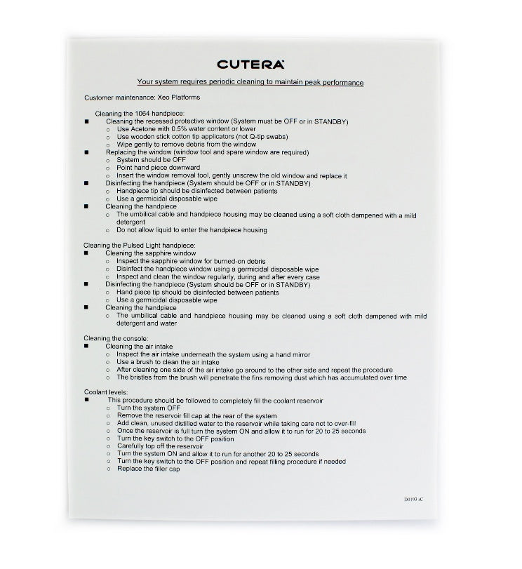 Cutera Customer maintenance Xeo Platforms & Instructions for pulsed handpiece