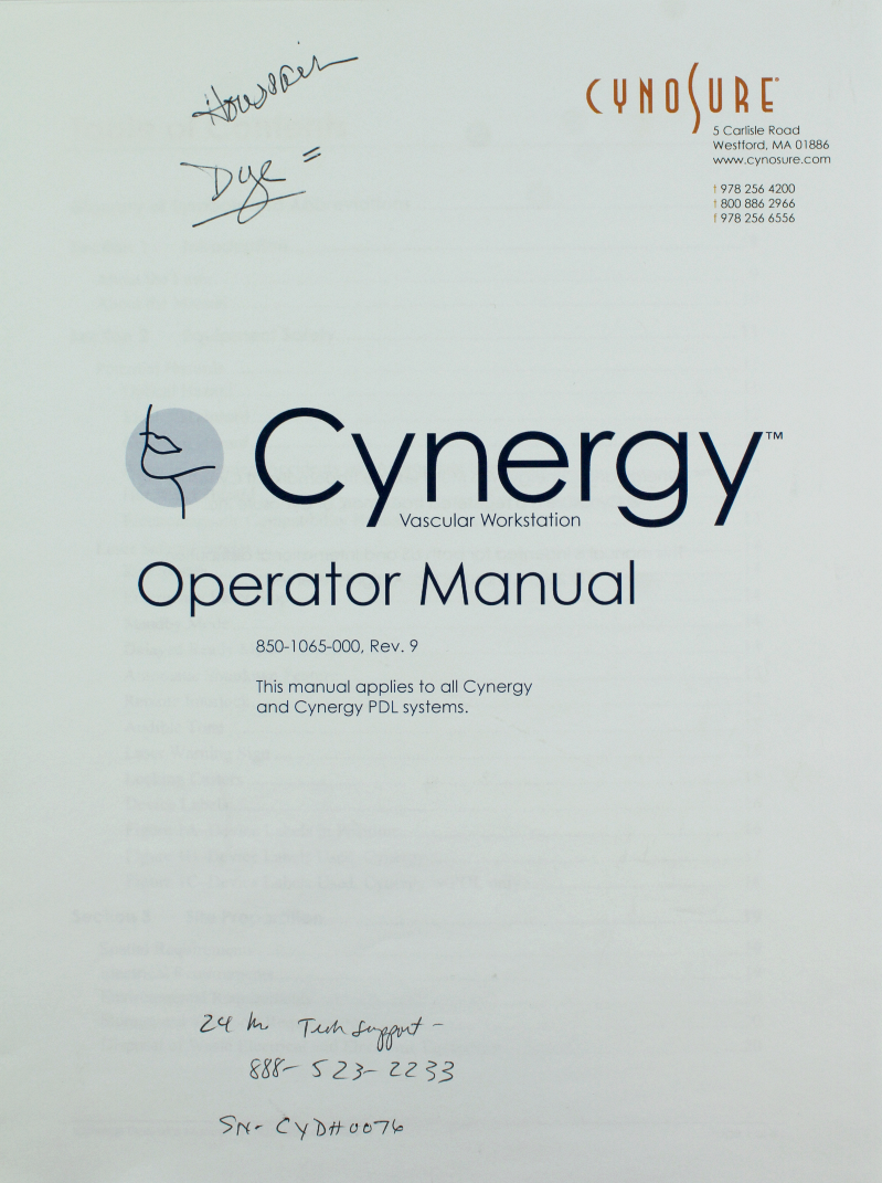Cynosure Cynergy Operator Manual User 850-1065-000