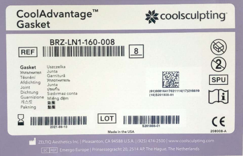 Zeltiq CoolSculpting BRZ-LN1-160-008 Cool ADVANTAGE Gaskets 8PK EXP 2021 OPEN BX