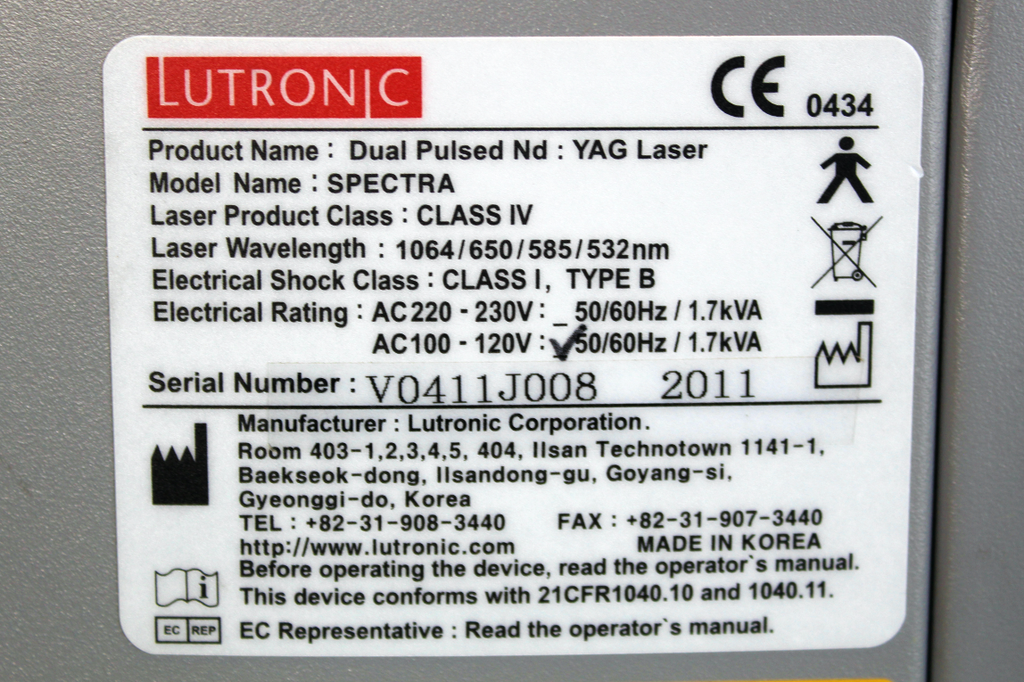 2011 Lutronic Spectra Dual Pulsed Nd YAG Laser Class IV