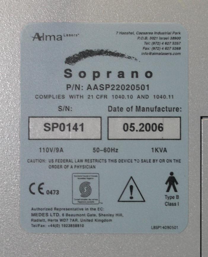 2006 Alma Soprano XL Laser System - 1Hand Piece 810nm Diode - Hair Removal HR