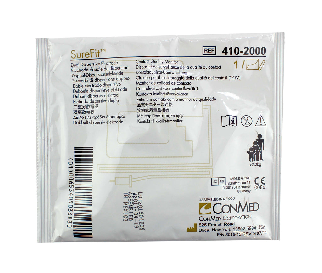 ConMed Sure Fit Dual Dispersive Electrode 2017-04-19 REF 410-20000 Qty:8