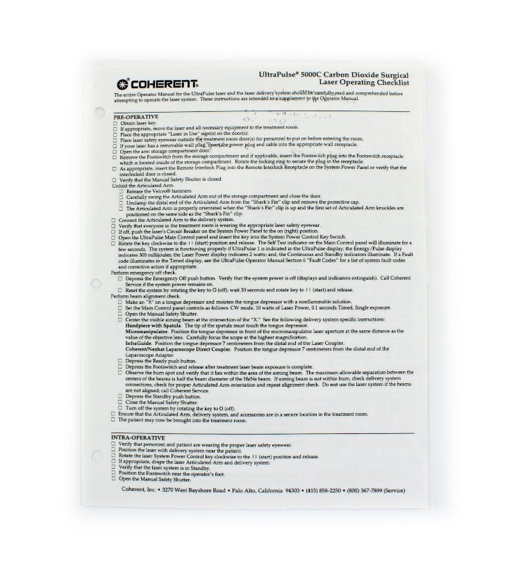 UltraPulse 5000C Carbon Dioxide Surgical Laser Operating Checklist