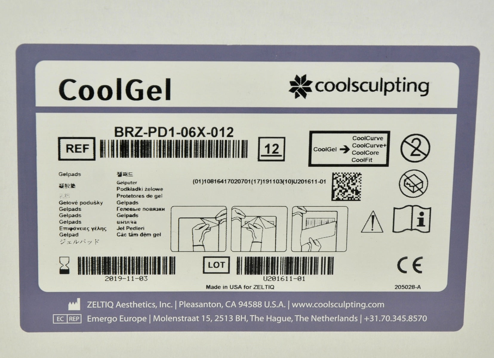 ZELTIQ CoolSculpting CoolGel BRZ-PD1-06X-012 CoolSculpt EXP 2019 x12 Pcs