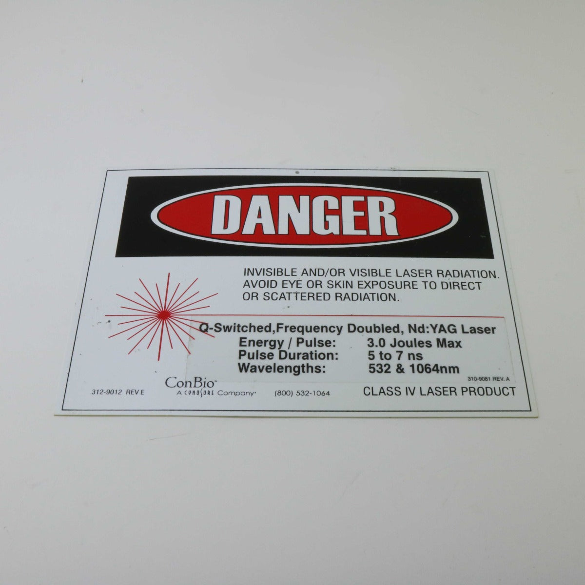 Cynosure ConBio Laser Class IV DANGER Warning Sign QS FD NdYAG 1064/532 nm