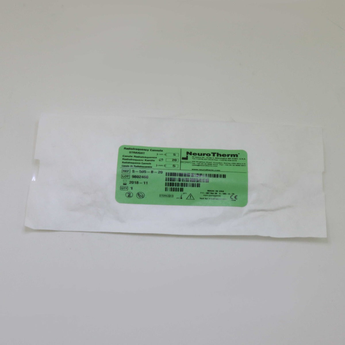 NeuroTherm ThermiRF S-505-B-22 Radiofrequency Cannula Straight BLUNT EXP 2018-11
