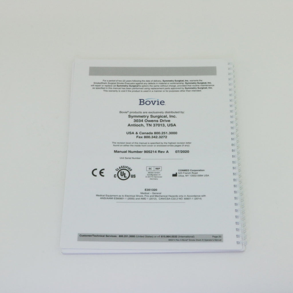 Bovie Smoke Shark III 3 Surgical Smoke Evacuator Operator Manual 905214 2020