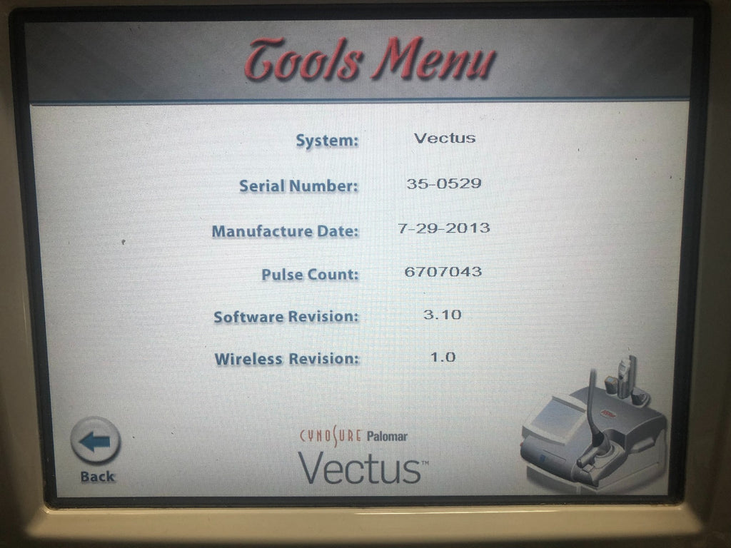 2013 Cynosure Palomar Vectus 810 nm Diode Hair Removal Laser w/ Large Optic