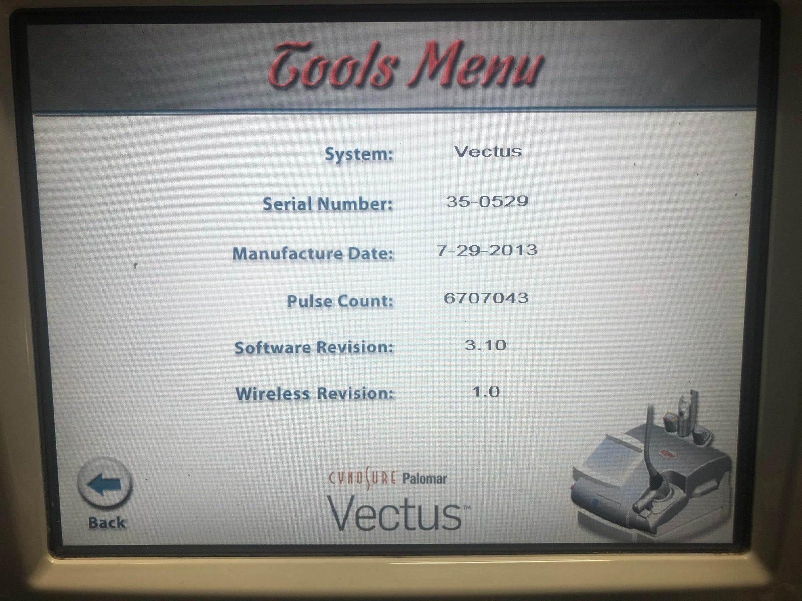 2013 Cynosure Palomar Vectus 810 nm Diode Hair Removal Laser w/ Large Optic