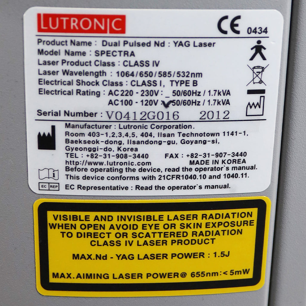 2012 Lutronic Spectra Dual Pulsed Nd Yag Laser Class IV Tattoo Removal System