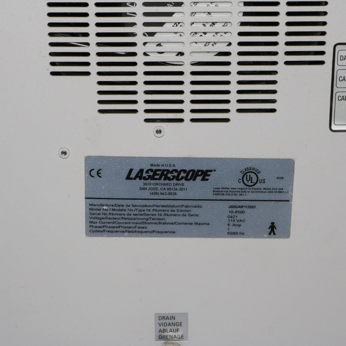 2001 LaserScope Laser System Chiller Recirculating Water Cooling Base
