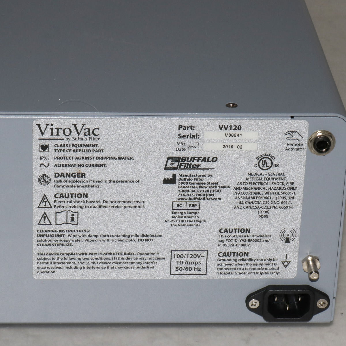 2016 Buffalo Filter ViroVac VV120 Surgical Smoke Plume Evacuator Suction Vacuum