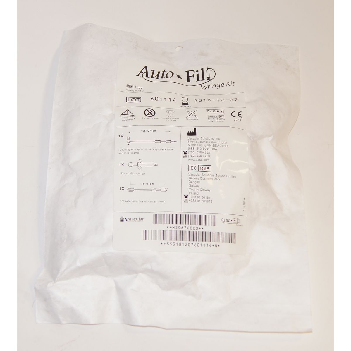 Vascular Solutions Auto-Fill Syringe Kit 7600 AutoFill 12cc Control 5pk exp2018