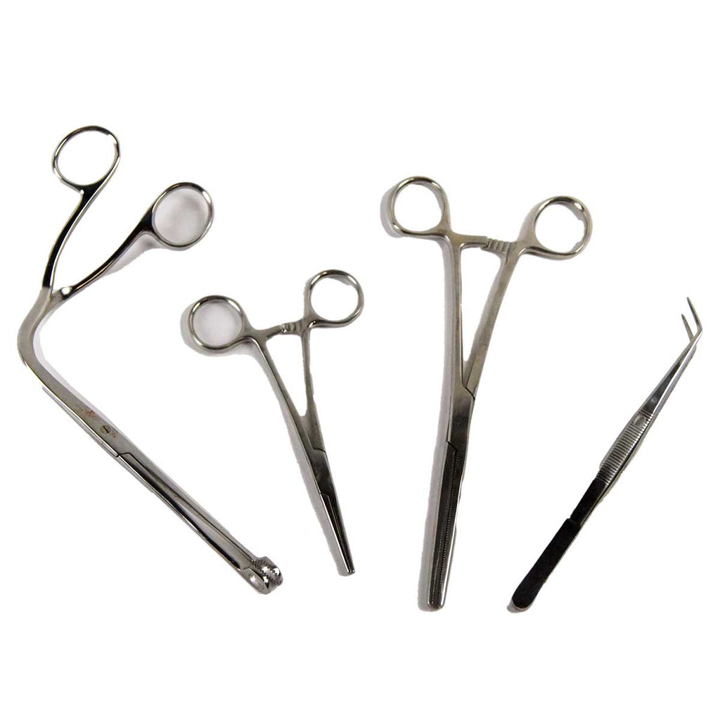 Medical Grade Locking Stainless Steel Clamps and Forceps 4 Piece Bundle 5in-8in