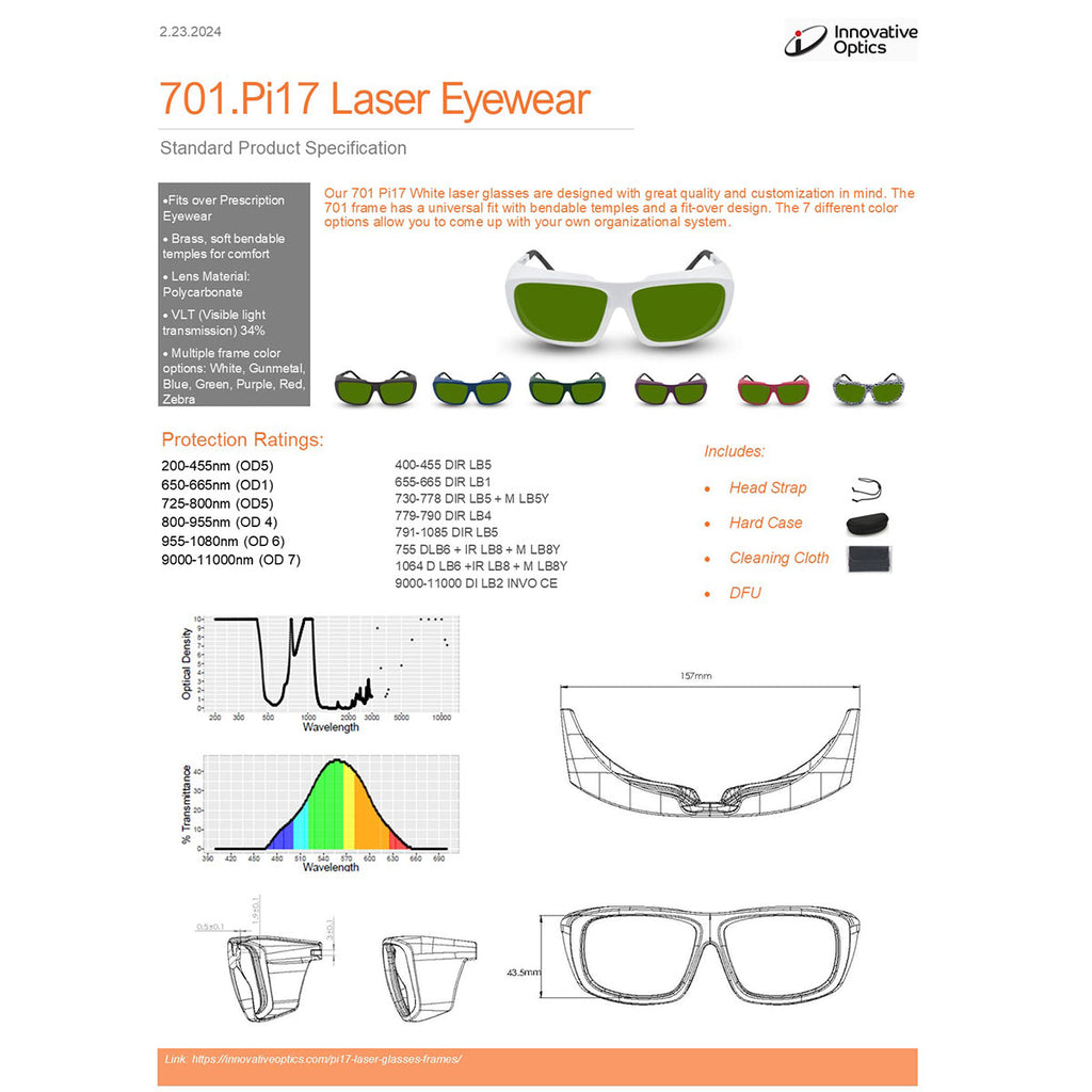 Innovative Optics PPE Laser Safety Glasses 701.Pi17 Green Lens 755-1064nm ALEX / Nd:YAG