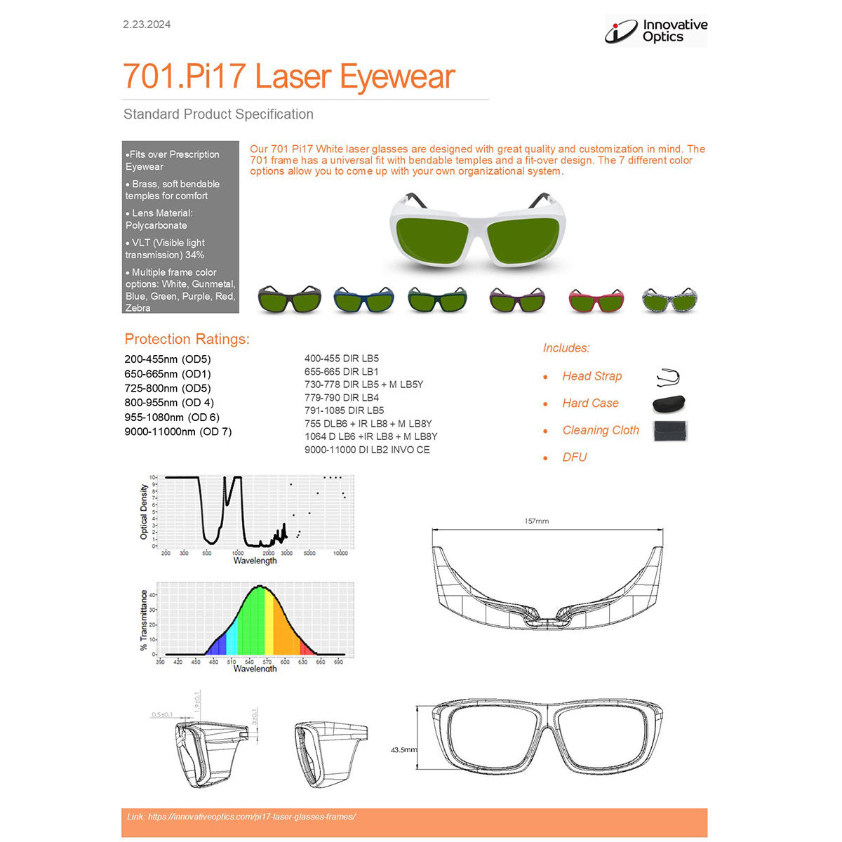 Innovative Optics PPE Laser Safety Glasses 701.Pi17 Green Lens 755-1064nm ALEX / Nd:YAG