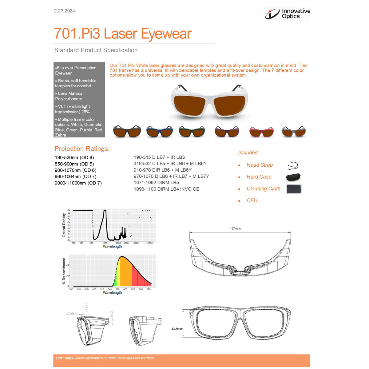 Innovative Optics PPE Laser Safety Glasses 701.Pi3 Orange Lens 532-1064nm OD7 Nd:YAG