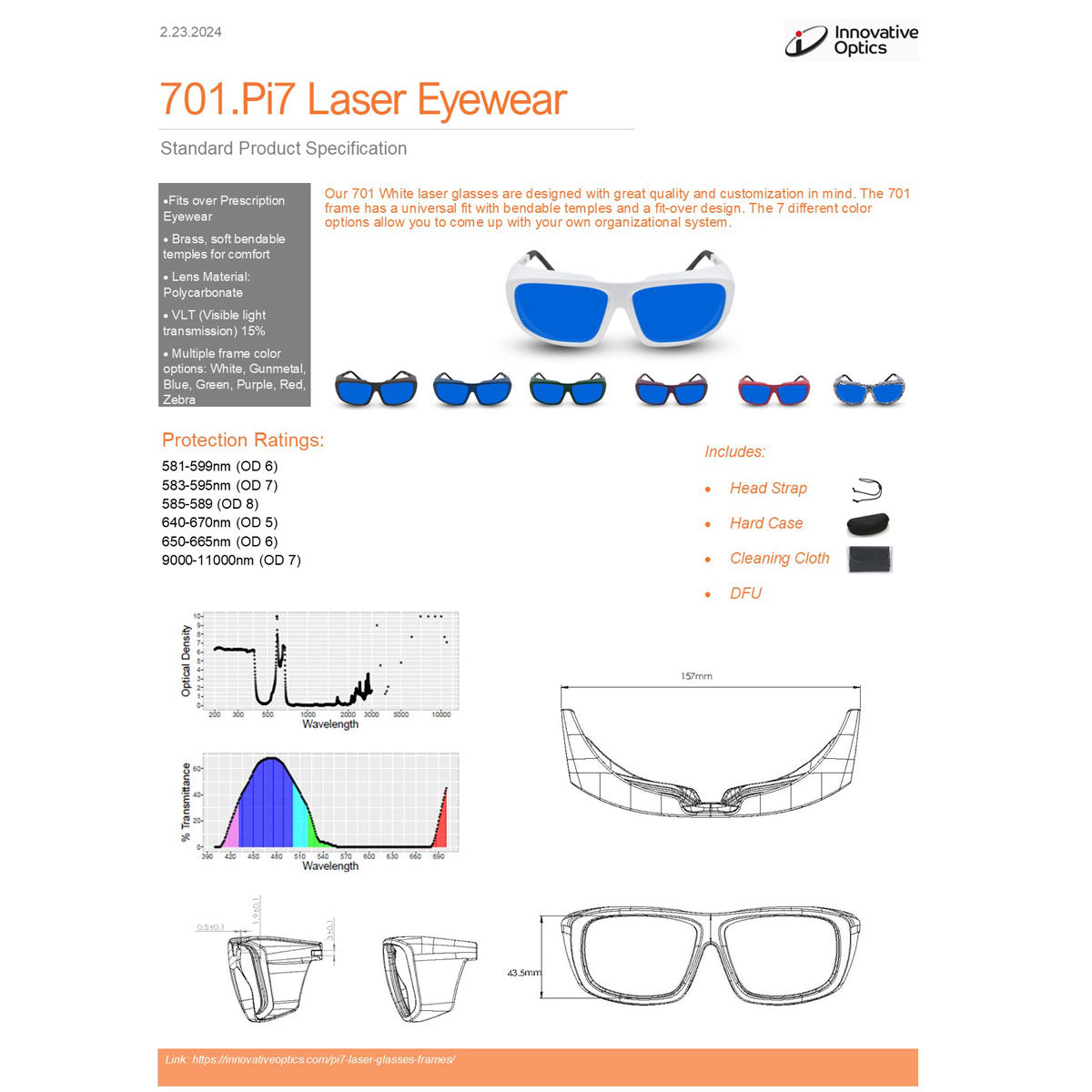 Innovative Optics PPE Laser Safety Glasses 701.Pi7 Blue Lens 585-670nm OD6 Diode / Dye