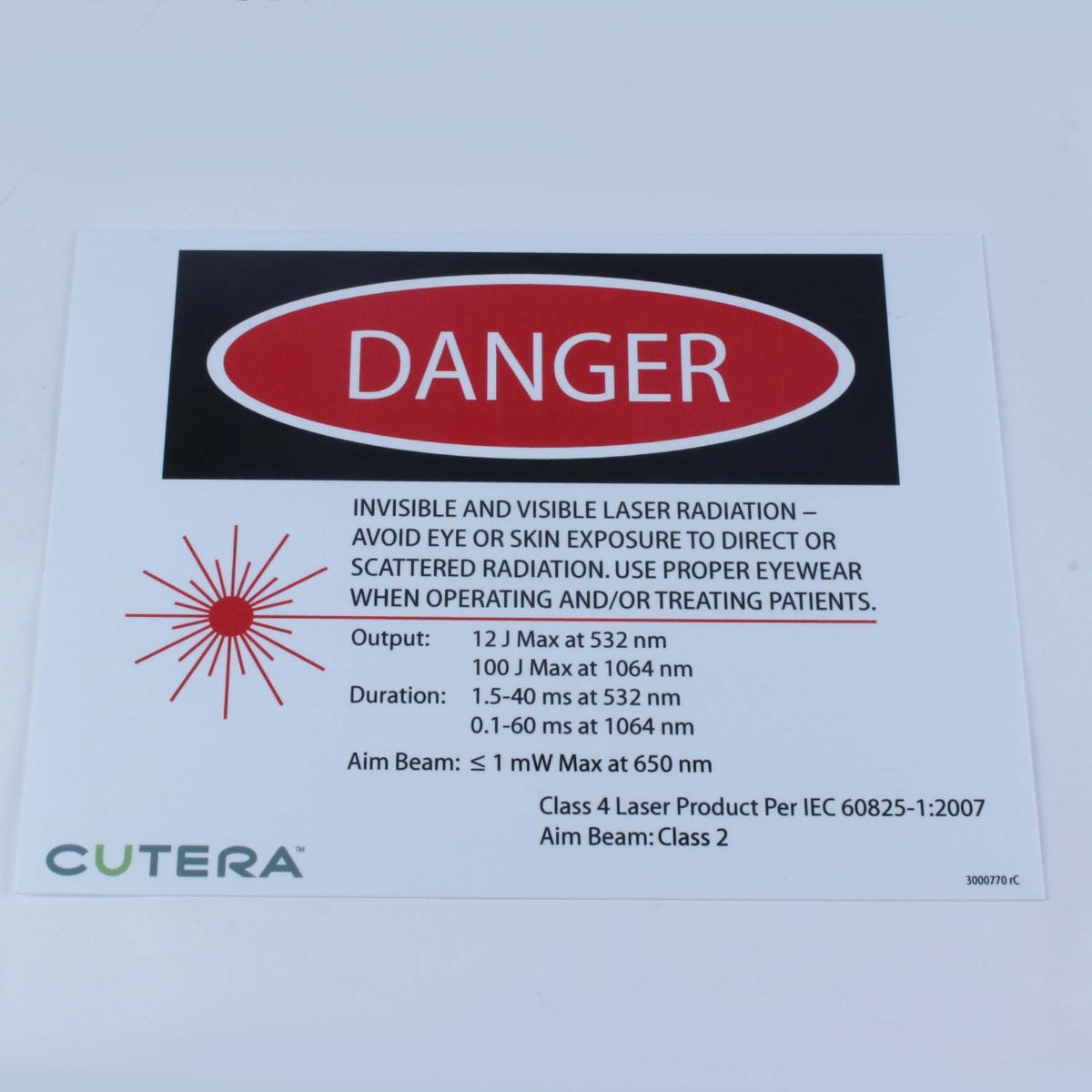 Cutera Excel V Nd:YAG 532 & 1064 nm Laser Room Safety Danger Sign 3000770 rC