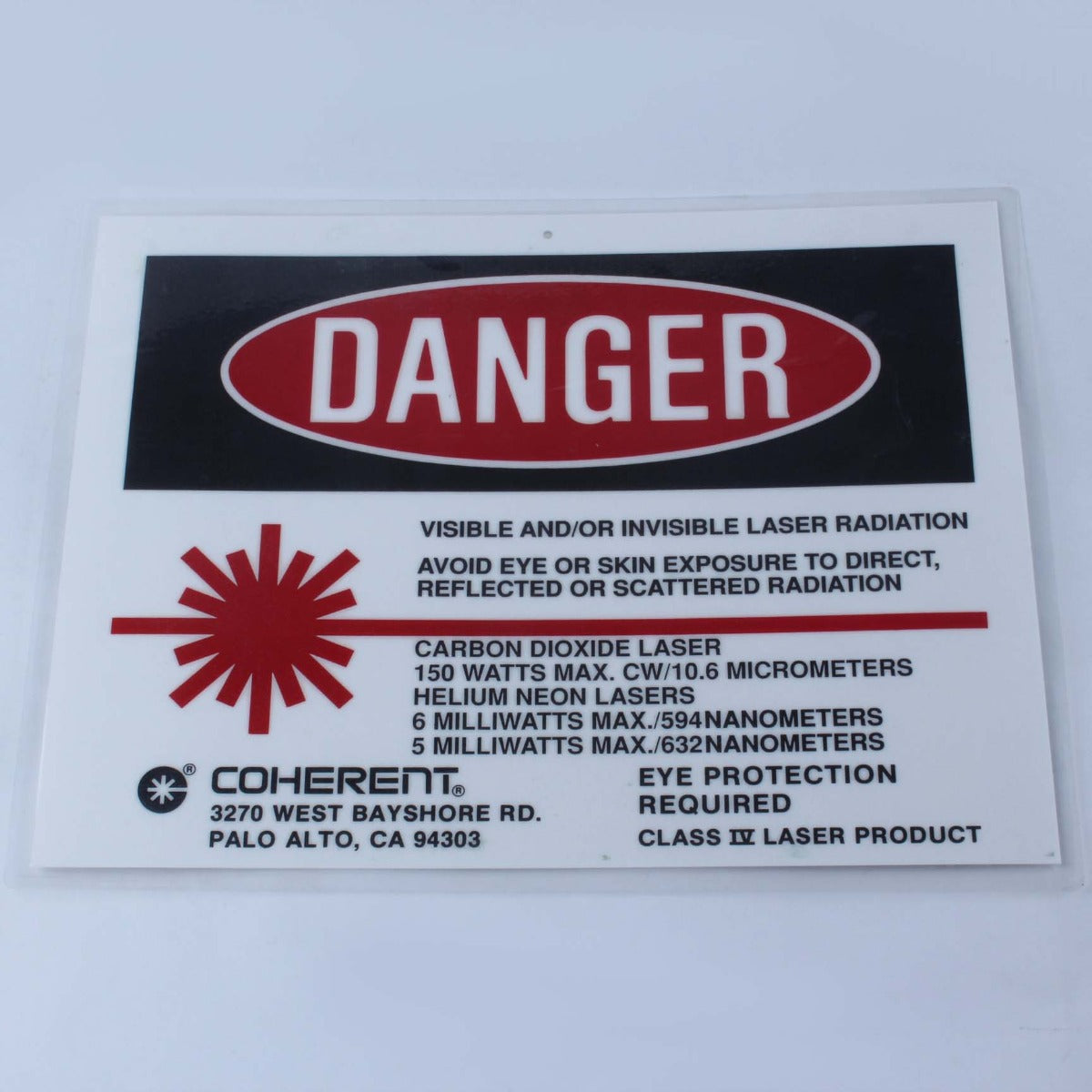Coherent Laser Room Safety Danger Warning Sign 150W CO2 Helium Neon 10600 nm