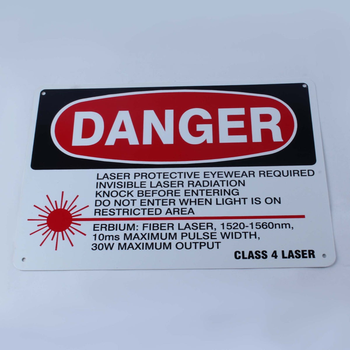 Laser Room Safety Danger Warning Sign - Erbium Fiber 30W 1540 nm 10 x 14 Inches