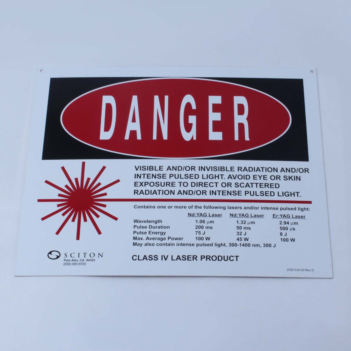 Sciton Joule Laser Room Safety Warning Sign Nd:YAG Er:YAG 1064nm 1320nm 2940nm