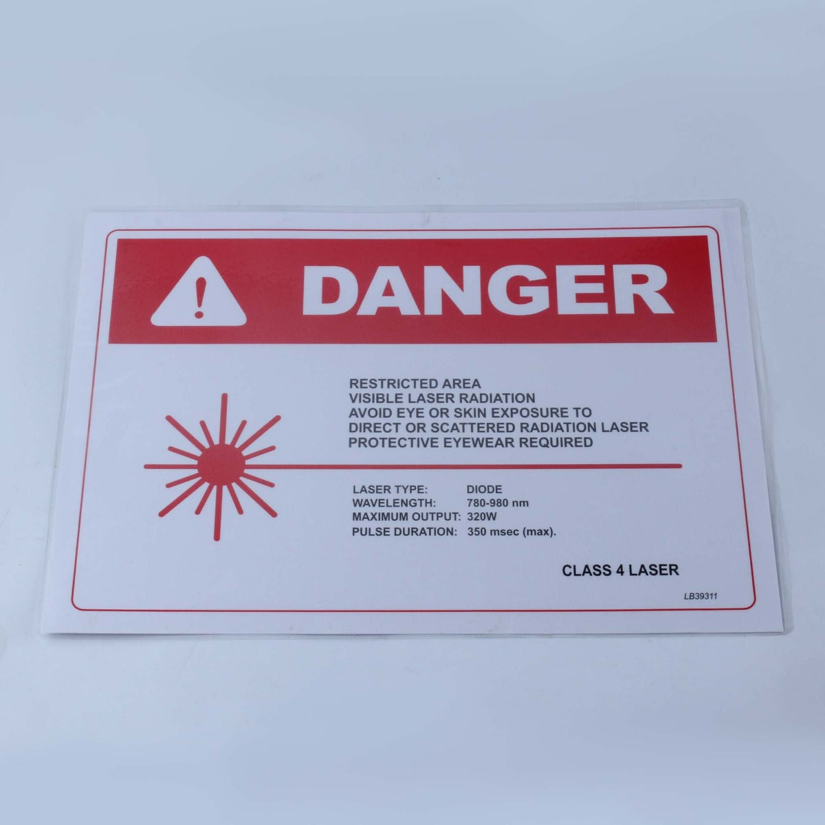 Laser Room Safety Danger Warning Sign - 320W Diode 780-980 nm 8.375 x 12 Inches